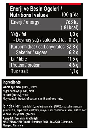 Mestemacher Pumpernickel Siyah Çavdarlı Alman Ekmeği 500g